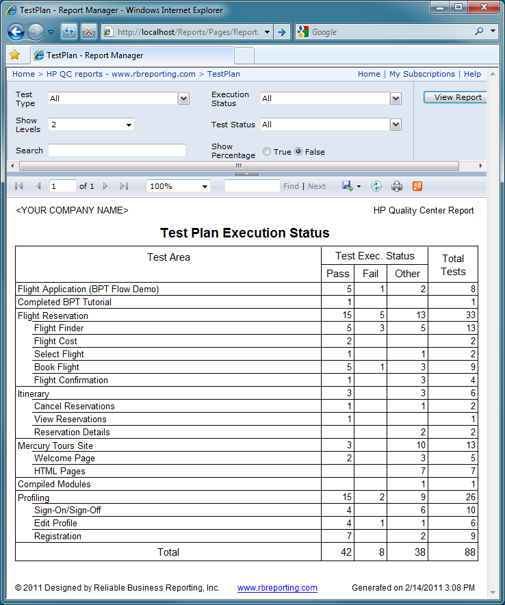 Test Plan Execution Status report