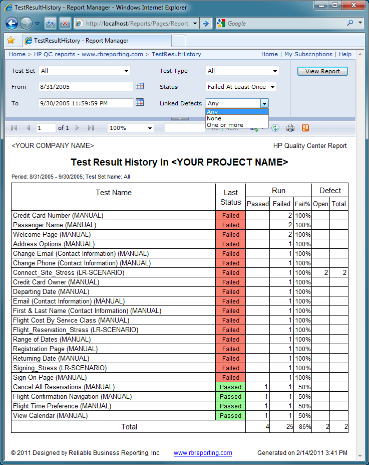 Test Result History report