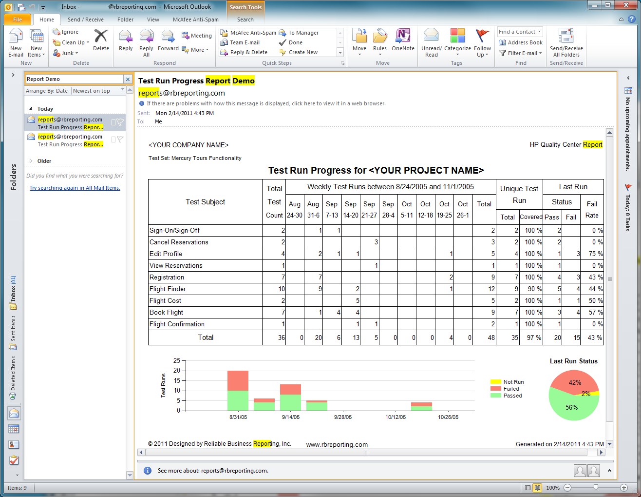 Test Run Progress report as an email in Outlook